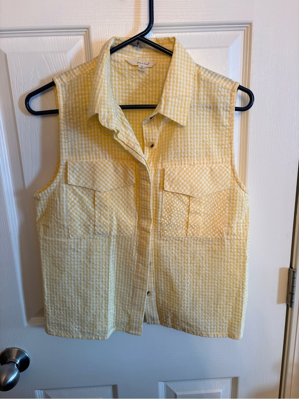 Sim & Sam Sleeveless Yellow Gingham Button Front Shirt, M - Picture 2 of 3